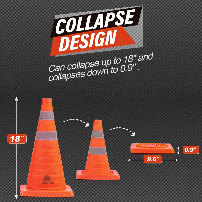 RoadHero 18 Inch 2 Pack Collapsible Traffic Safety Cones, Multi Purpose Pop-up Cones with Reflective Collar for Road Safety, Orange Cones for Driving Training, Parking Lots - Image 4